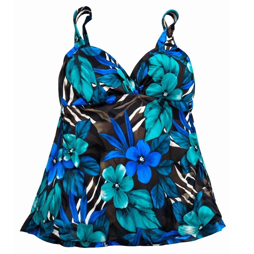 Slimshaper Tankini Swim Top Women's Size 16 Floral Tropical Blue Brown Resort